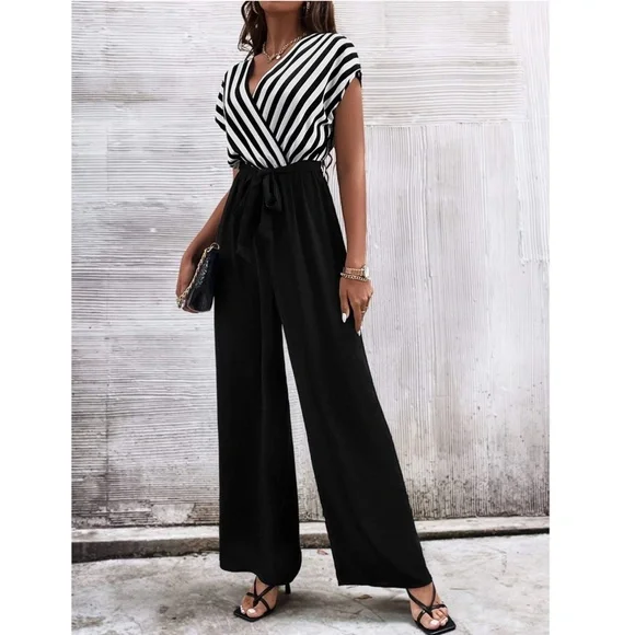 Striped Top V-Neck Surplice Short Sleeve White Black Wide Leg Jumpsuit - Picture 4 of 14